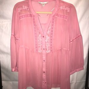 LC Lauren Conrad Sheer Button Up Pink Top